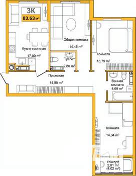 3-к квартира, сданный дом, 84м2, 3/9 этаж