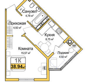 1-к квартира, вторичка, 36м2, 7/16 этаж