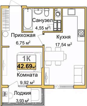 1-к квартира, вторичка, 41м2, 4/9 этаж