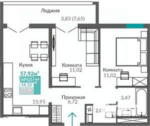 2-к квартира, строящийся дом, 54м2, 2/9 этаж