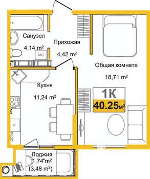1-к квартира, вторичка, 40м2, 9/9 этаж