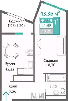 1-к квартира, строящийся дом, 43м2, 4/9 этаж