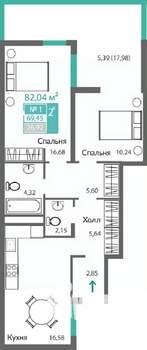 2-к квартира, вторичка, 69м2, 1/2 этаж