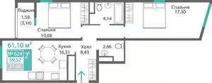 2-к квартира, строящийся дом, 61м2, 6/9 этаж