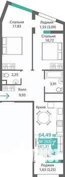 2-к квартира, строящийся дом, 65м2, 2/9 этаж