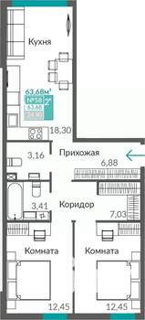 2-к квартира, строящийся дом, 64м2, 1/9 этаж