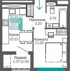 1-к квартира, строящийся дом, 30м2, 9/9 этаж