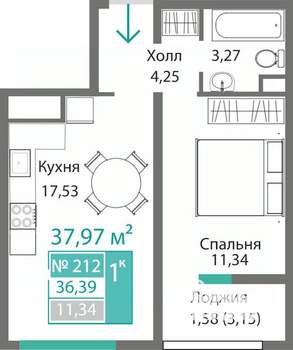 1-к квартира, строящийся дом, 38м2, 2/9 этаж