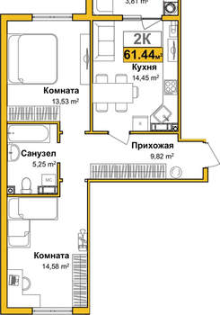 2-к квартира, сданный дом, 60м2, 7/10 этаж