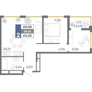 2-к квартира, вторичка, 66м2, 8/16 этаж