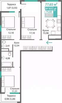 3-к квартира, строящийся дом, 78м2, 9/9 этаж