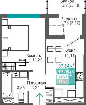 1-к квартира, вторичка, 33м2, 8/9 этаж