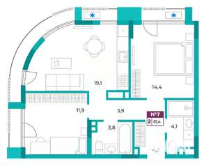2-к квартира, вторичка, 61м2, 2/9 этаж