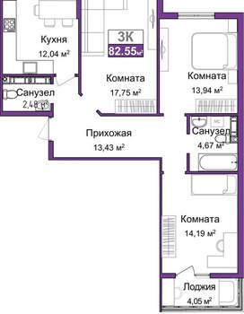 3-к квартира, вторичка, 81м2, 6/9 этаж