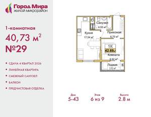 1-к квартира, вторичка, 41м2, 6/9 этаж