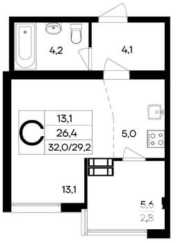 Студия квартира, строящийся дом, 32м2, 6/9 этаж