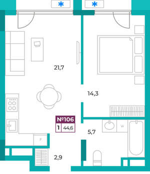 1-к квартира, вторичка, 45м2, 3/9 этаж