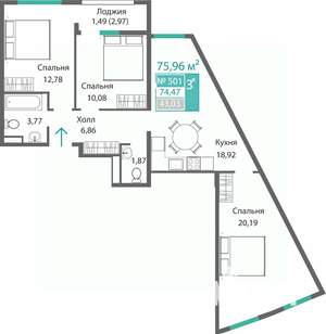 3-к квартира, строящийся дом, 76м2, 5/9 этаж