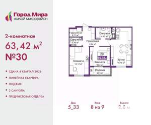 2-к квартира, вторичка, 63м2, 8/9 этаж