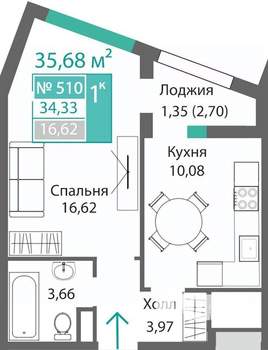1-к квартира, строящийся дом, 36м2, 6/9 этаж