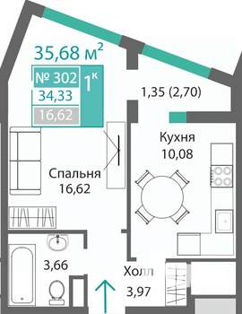 1-к квартира, строящийся дом, 36м2, 3/9 этаж
