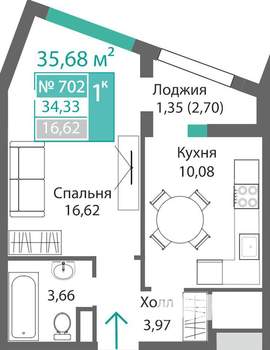 1-к квартира, строящийся дом, 36м2, 7/9 этаж