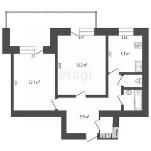 2-к квартира, вторичка, 55м2, 2/9 этаж