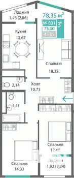 3-к квартира, строящийся дом, 78м2, 4/9 этаж