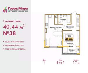 1-к квартира, вторичка, 40м2, 8/9 этаж