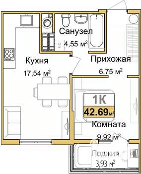 1-к квартира, вторичка, 41м2, 4/9 этаж