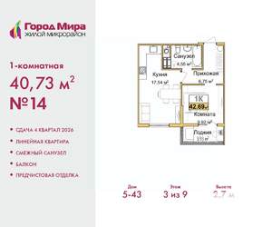 1-к квартира, вторичка, 41м2, 3/9 этаж