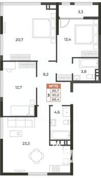3-к квартира, вторичка, 88м2, 7/8 этаж