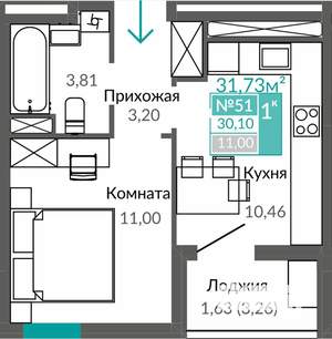 1-к квартира, строящийся дом, 30м2, 7/9 этаж