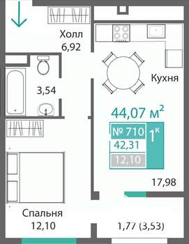 1-к квартира, вторичка, 42м2, 7/9 этаж