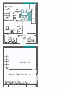 2-к квартира, вторичка, 55м2, 1/16 этаж