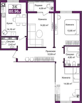 3-к квартира, сданный дом, 79м2, 5/9 этаж