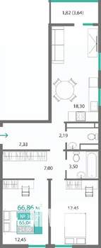 2-к квартира, строящийся дом, 65м2, 6/7 этаж