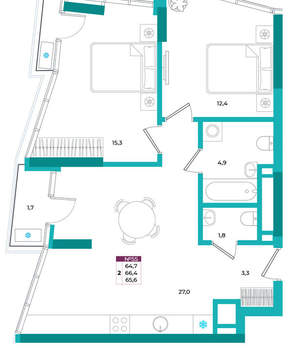 2-к квартира, вторичка, 66м2, 9/24 этаж