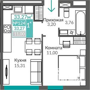 1-к квартира, строящийся дом, 33м2, 1/9 этаж