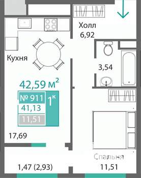 1-к квартира, строящийся дом, 41м2, 9/9 этаж
