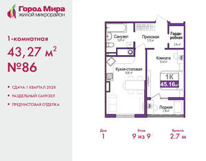 1-к квартира, вторичка, 43м2, 9/9 этаж