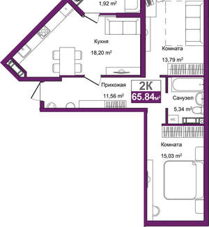 2-к квартира, вторичка, 66м2, 6/9 этаж