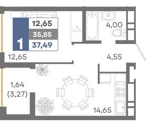 1-к квартира, вторичка, 37м2, 12/16 этаж