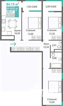 3-к квартира, строящийся дом, 80м2, 8/9 этаж
