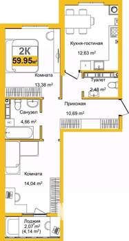 2-к квартира, вторичка, 60м2, 4/16 этаж