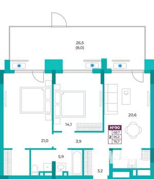 2-к квартира, вторичка, 77м2, 1/9 этаж