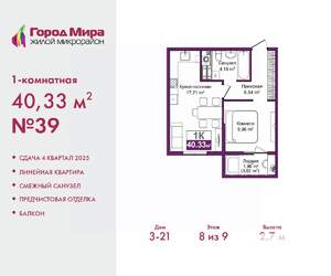 1-к квартира, вторичка, 40м2, 8/9 этаж
