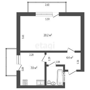 1-к квартира, вторичка, 34м2, 2/2 этаж