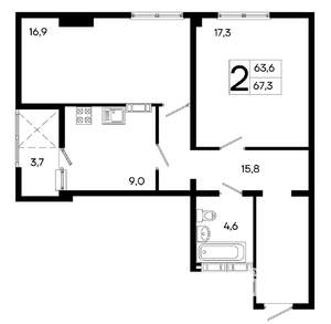 2-к квартира, строящийся дом, 67м2, 9/16 этаж