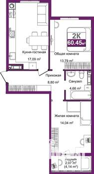 2-к квартира, вторичка, 60м2, 6/16 этаж